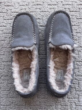 UGG Ansley Gray Suede Shearling-Lined Moccasin Slippers
